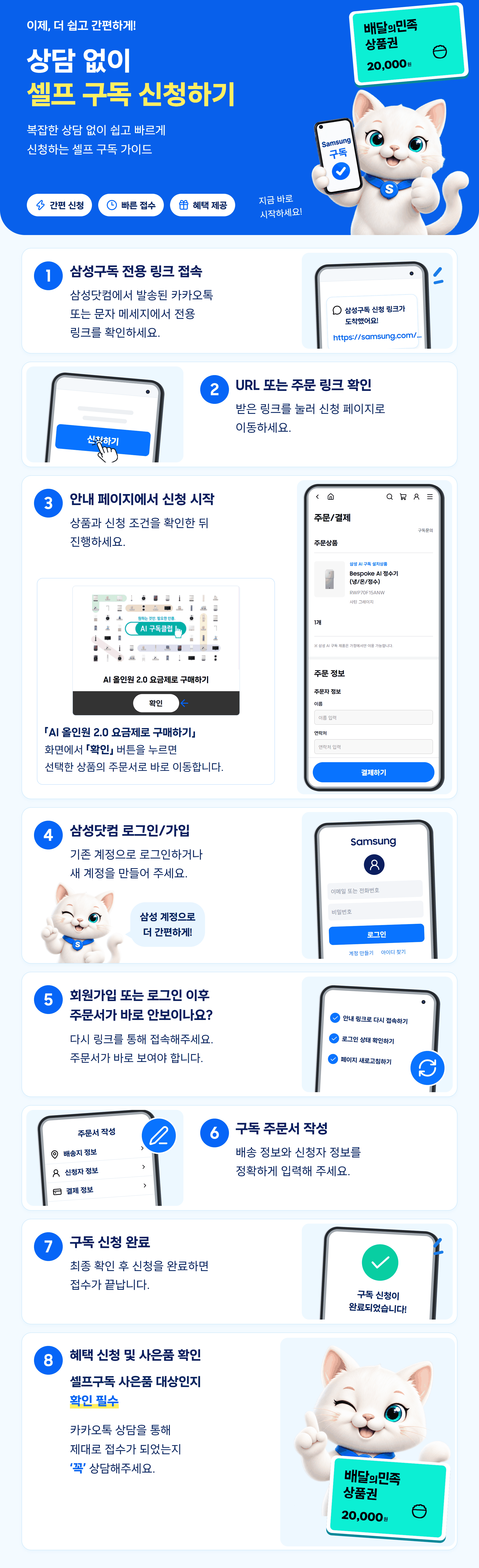 상담 없이 셀프 구독 신청하기 8단계 안내. 먼저 전용 링크 접속, 주문 링크 확인, RWP70F15ANW 모바일 주문 화면, 삼성닷컴 로그인·가입, 주문서 재접속, 주문서 작성, 신청 완료, 사은품 대상 및 카카오톡 접수 확인. 배달의민족 상품권 2만원권 이미지 포함.